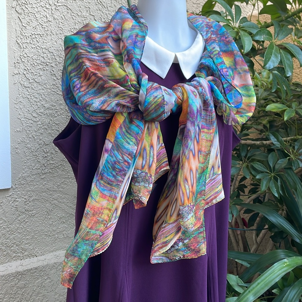 Vintage Escada Multicolored Artistic Hand Painted Silk Scarf/Wrap - Picture 8 of 13